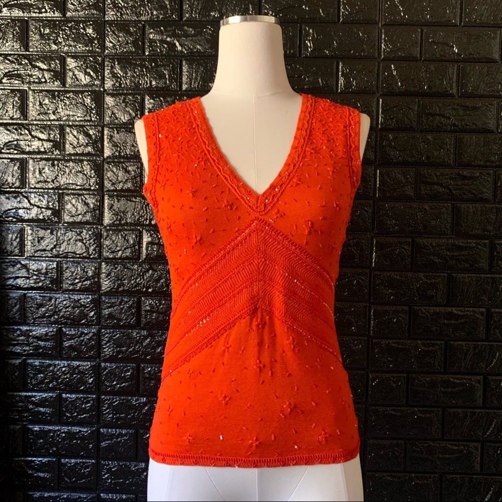 Carolina Herrera Bright Orange Beaded Knit Tank